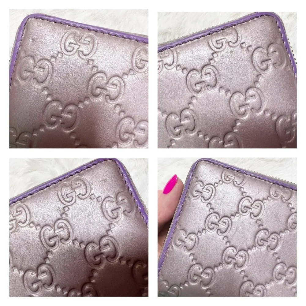 GUCCI GG Guccissima Heart Zip Around Long Wallet Metallic Lavender Authentic